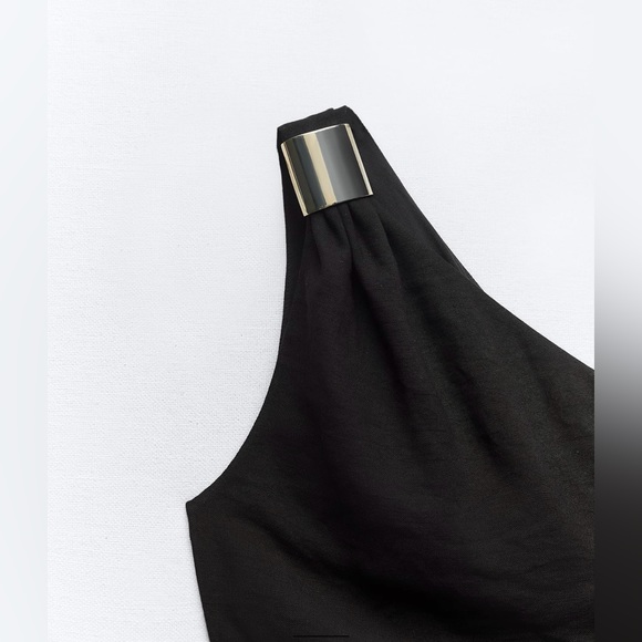 ZARA NWT Women’s Black Asymmetric MIDI Cut Out Dress Gold Applique Size Small - Picture 5 of 9